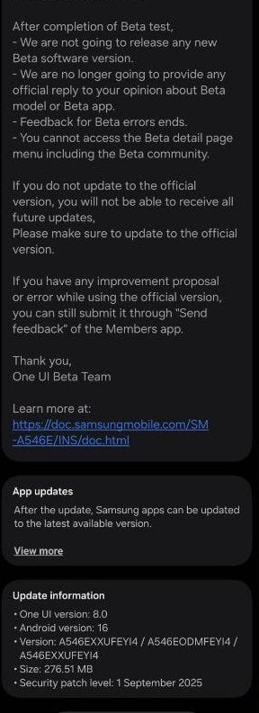 samsung galaxy a54 android 16 one ui 8 update india