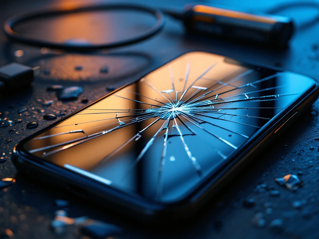 cracked smartphone screen with water damage on dark surface, frayed charging cables and battery with warning symbols in background