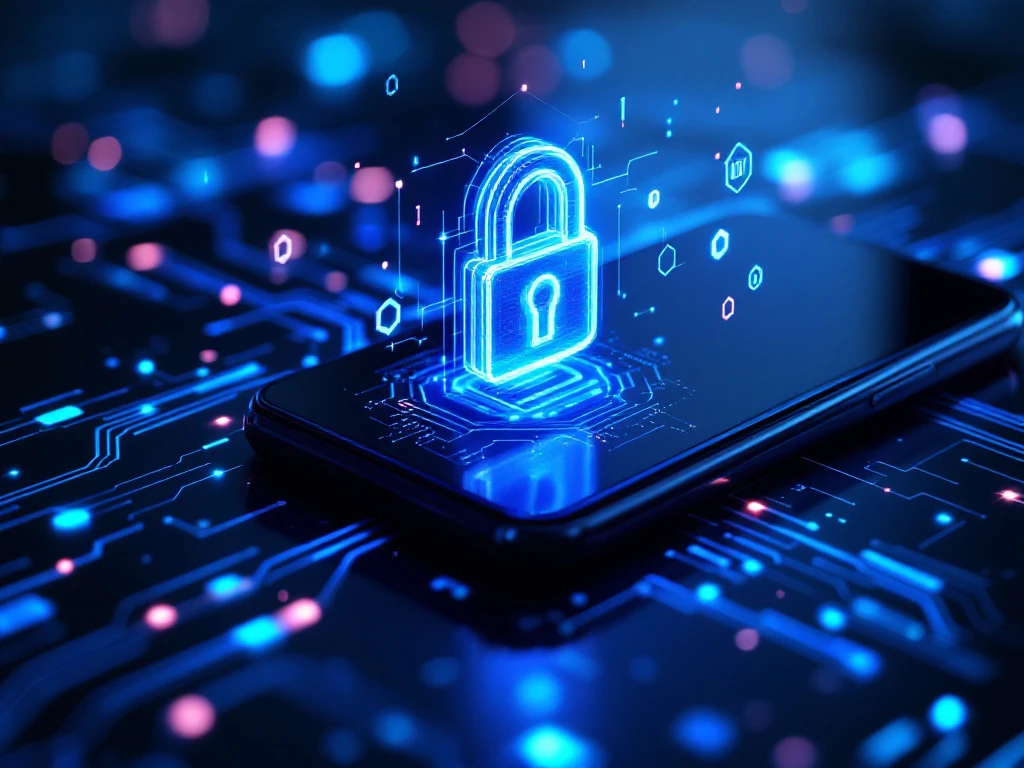modern smartphone with glowing digital lock icon and encrypted binary code streams, surrounded by cybersecurity shields