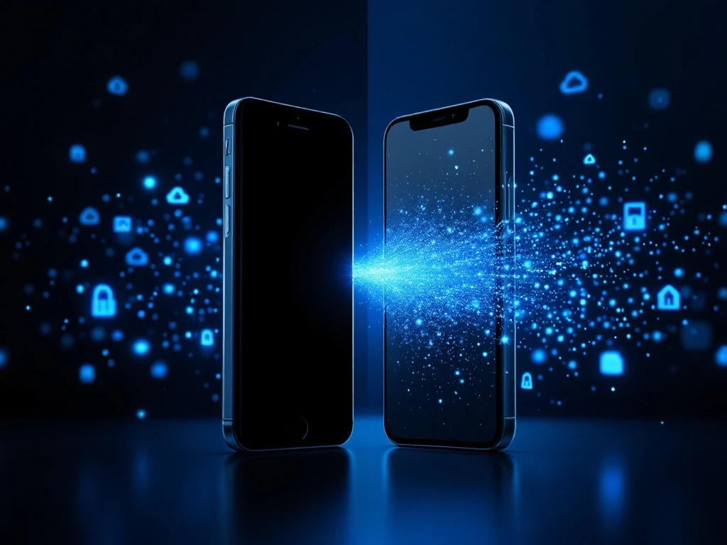 two smartphones with glowing blue data streams flowing between them, showing data transfer on dark tech background.