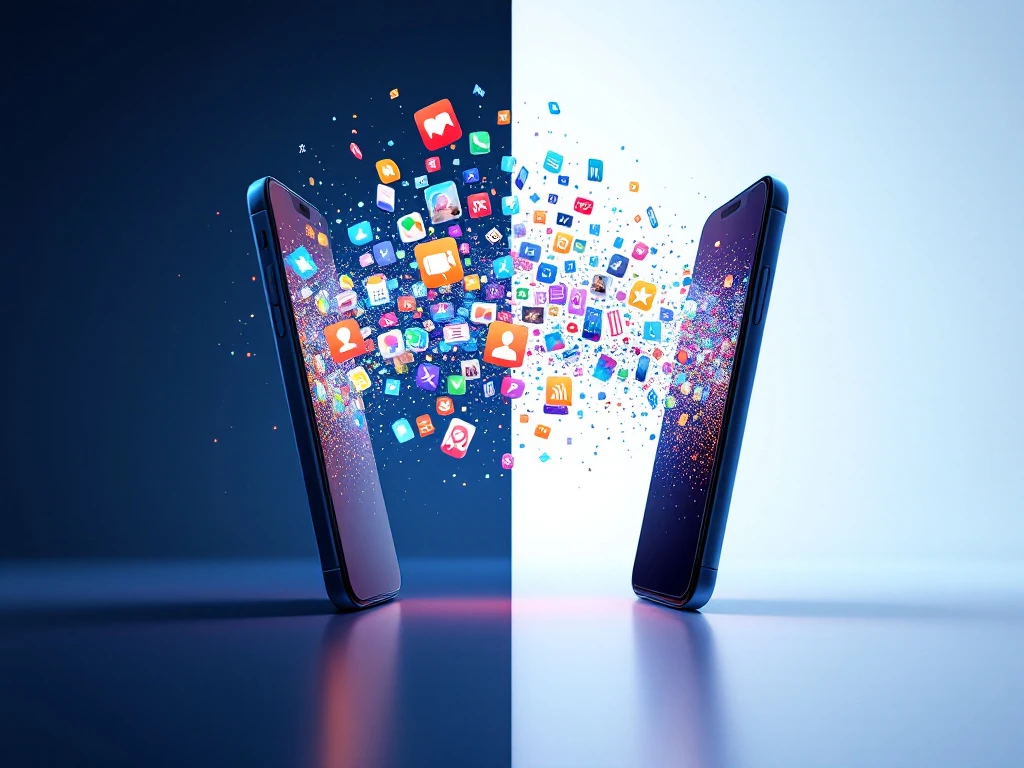 two smartphones transferring data with colorful app icons and digital particles flowing between screens on gradient background