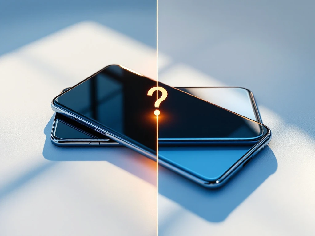 new smartphone on left versus refurbished phone on right with question mark between them on white surface