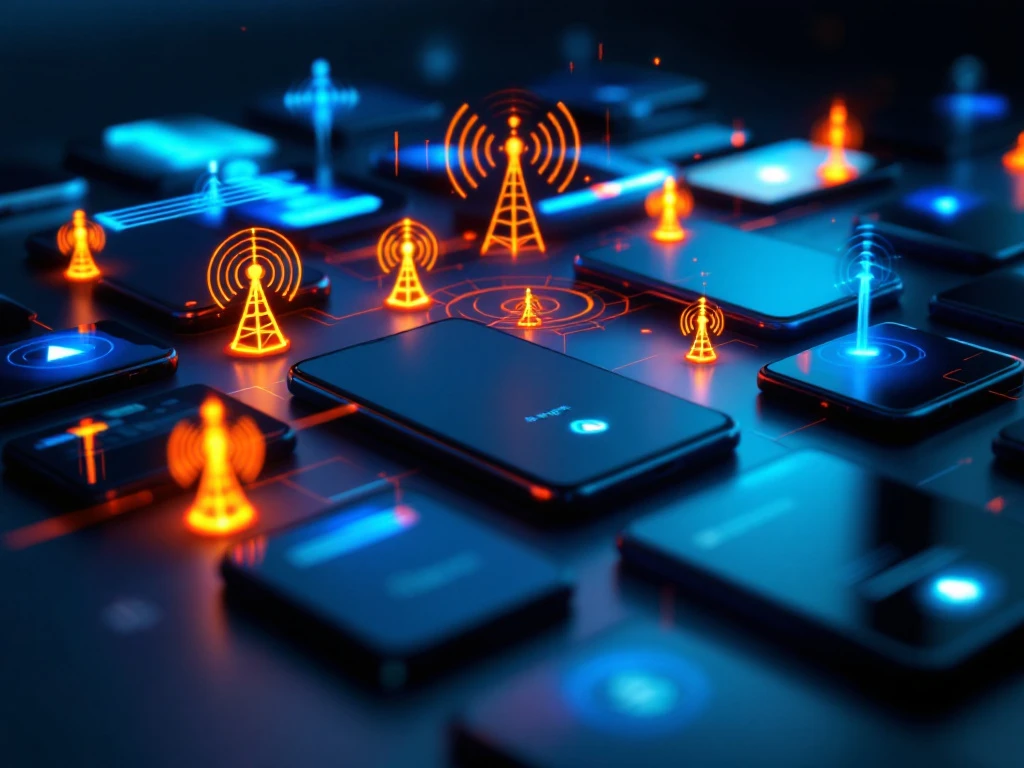 multiple smartphones displaying no signal bars and network error messages with floating broken connection icons and warning symbols