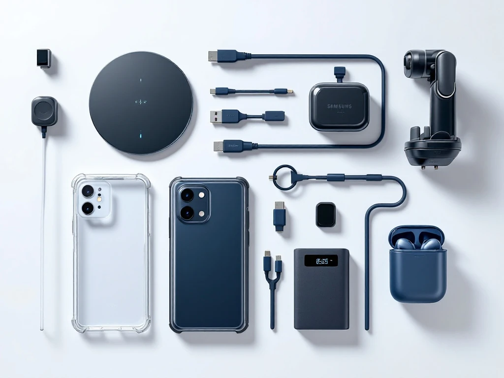 phone accessories arranged in organized grid including wireless charger, usb-c cables, protective case, car mount, power bank, and earbuds on white surface