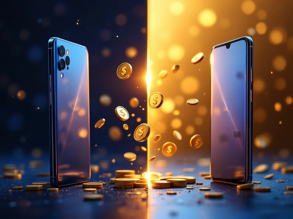 two smartphones side by side - premium flagship on left, budget phone on right, with floating gold coins between them.