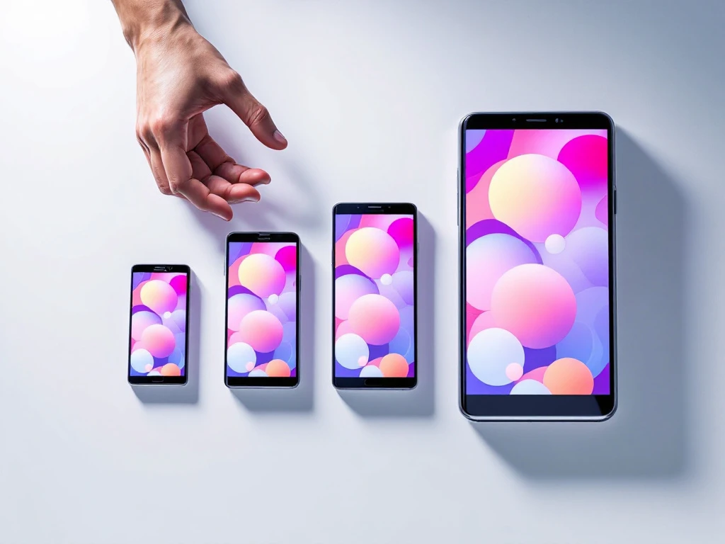 samsung smartphones arranged by size on white surface with hand hovering above, showing screen comparison grids