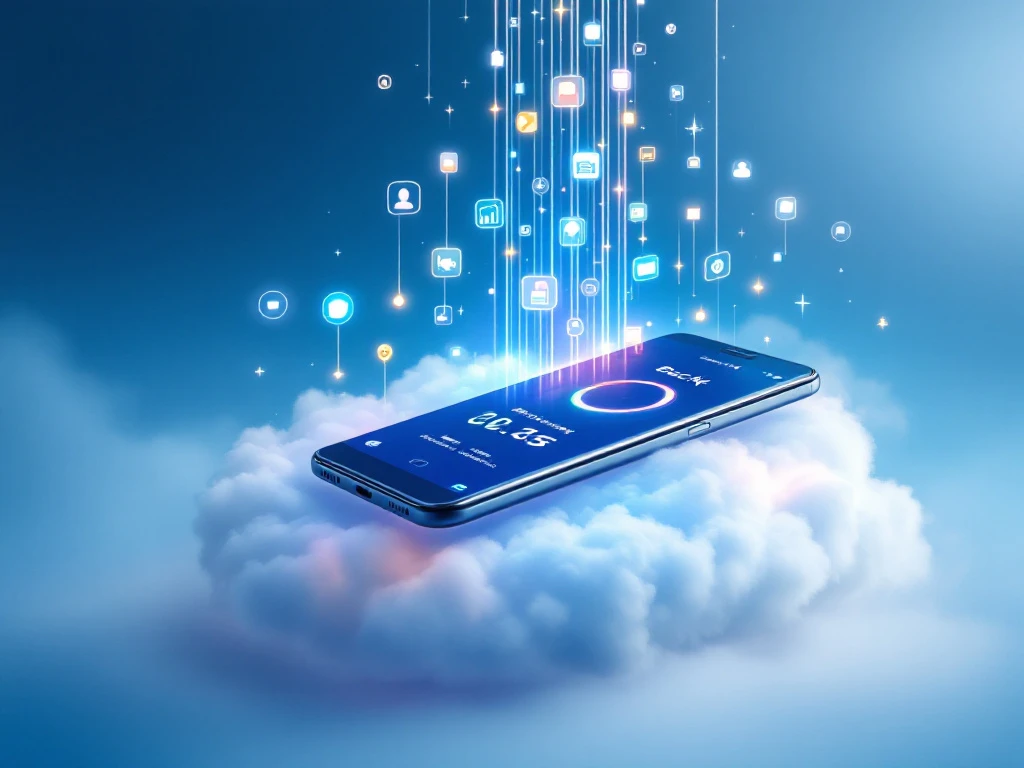 modern smartphone displaying backup progress interface floating above glowing cloud with data streams and digital icons