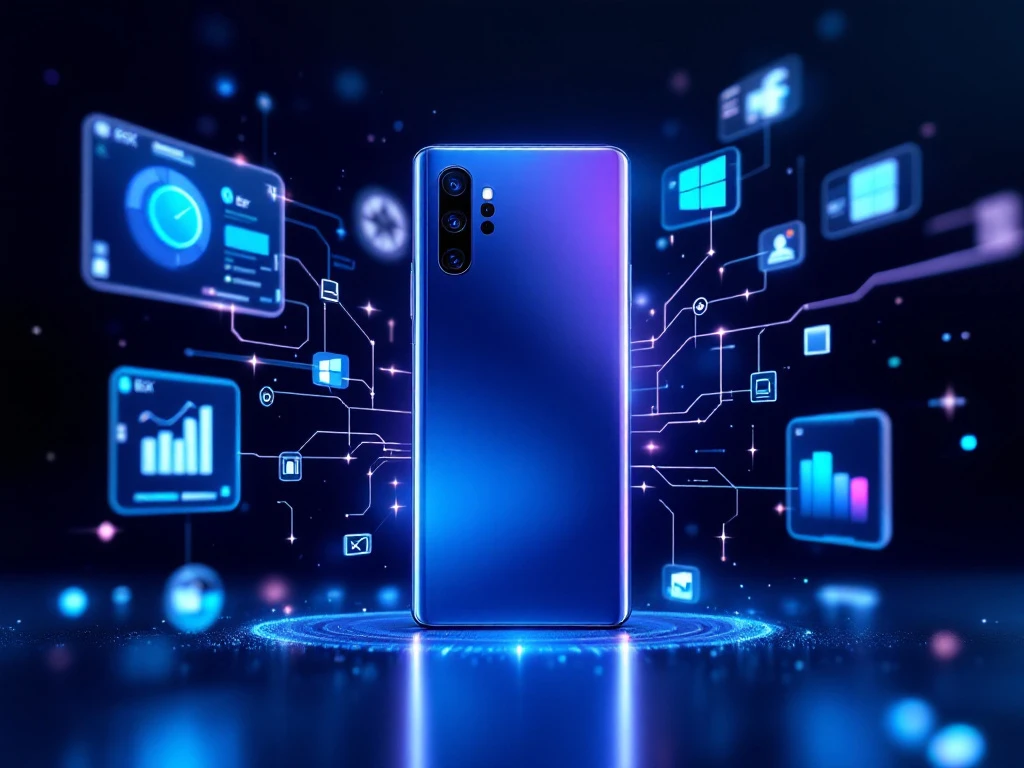 samsung smartphone with s pen and curved display surrounded by holographic ui elements in blue-purple lighting