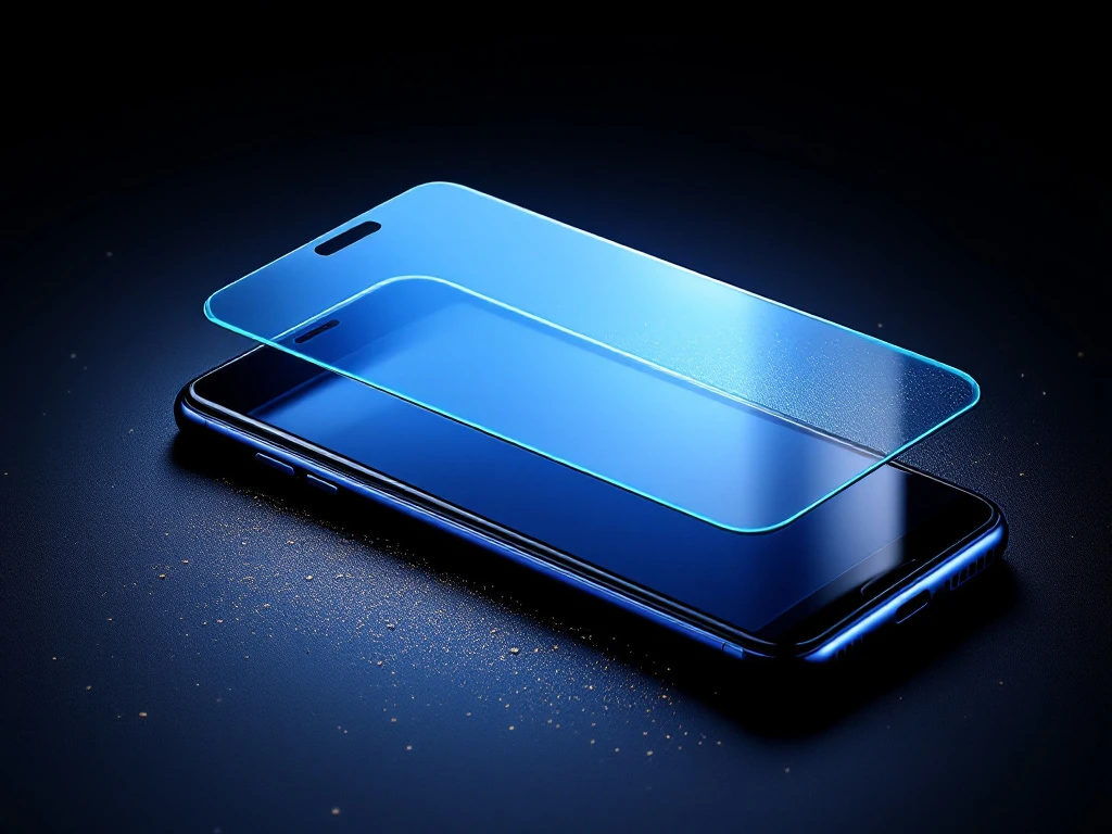 smartphone with tempered glass screen protector hovering above during installation, showing alignment guides and protective benefits.