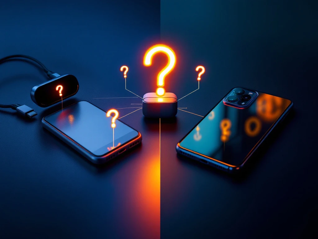 old smartphone connected to accessories with glowing lines beside new phone, question marks floating above in blue studio lighting