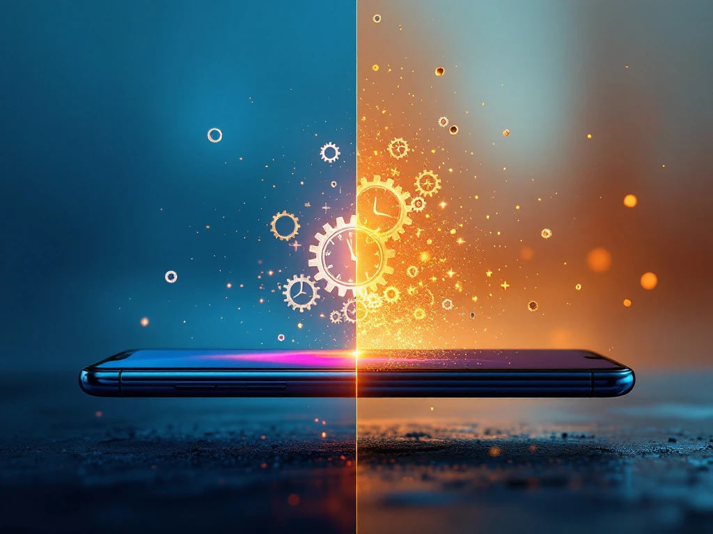 smartphone aging comparison split-screen: new phone with vibrant display on left, worn device on right with floating gears.