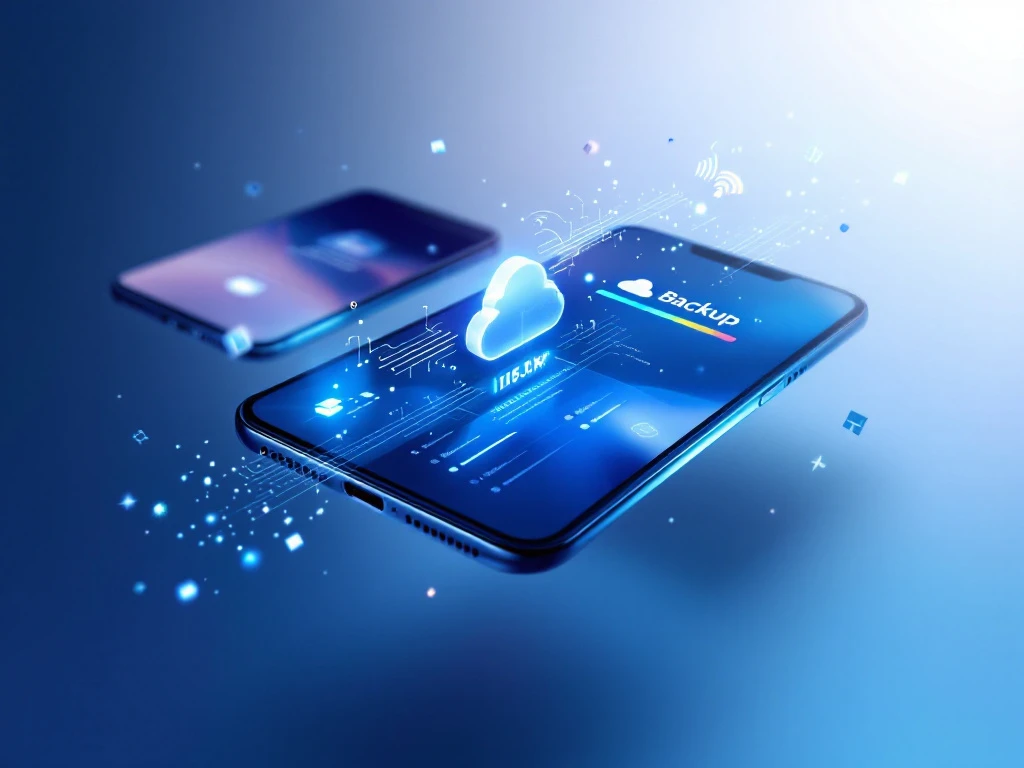 multiple smartphones displaying backup interface screens with cloud storage icons and progress bars, connected by data streams on blue gradient background.