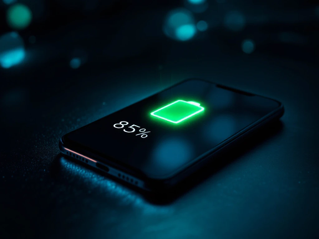 smartphone displaying 85% battery percentage with green glowing battery icon on dark surface with dramatic lighting