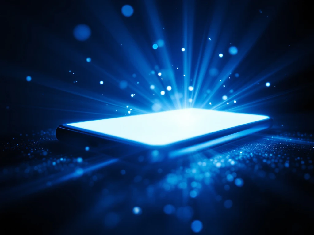 smartphone screen emitting bright blue light in dark room with glowing rays and lens flare effects