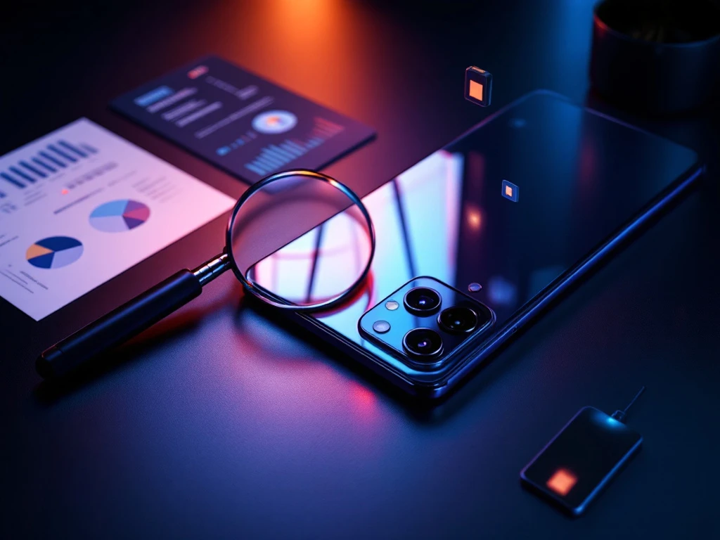 smartphone on dark surface with magnifying glass, specification sheets, price tag, and tech icons in dramatic blue lighting