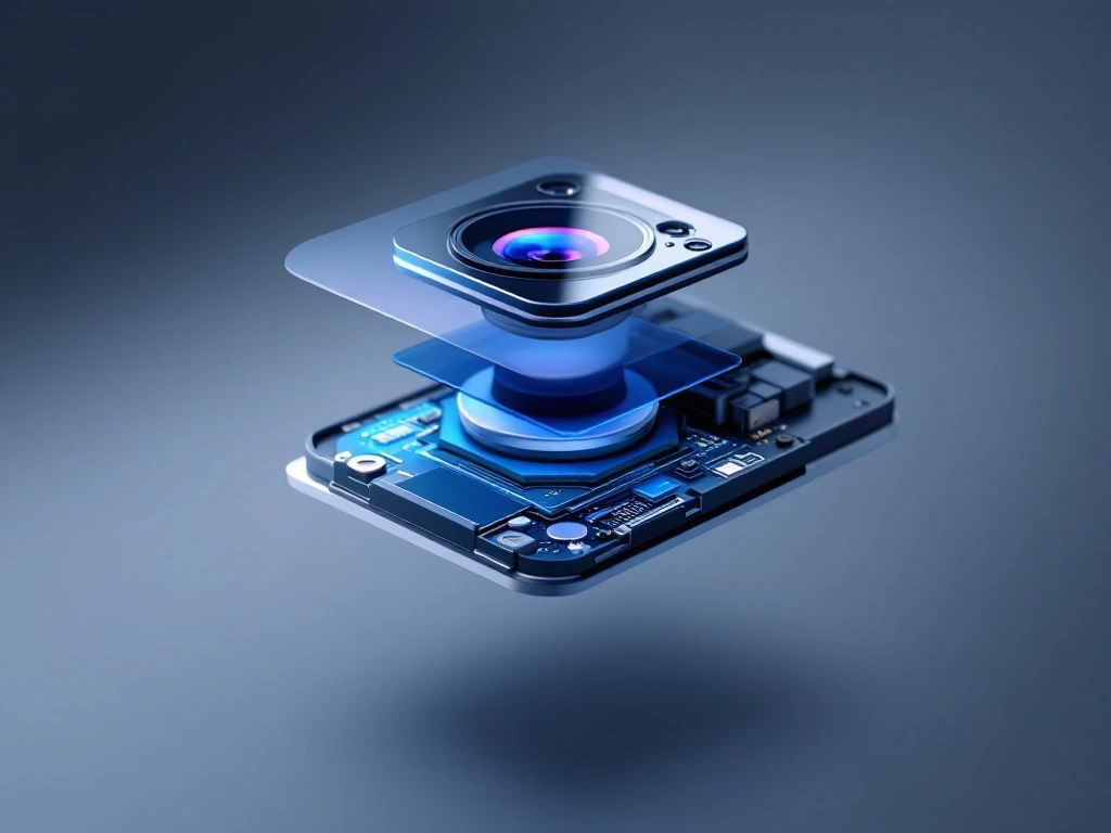 cross-section of smartphone camera module showing glass lens elements, image sensor chip, and optical stabilization components