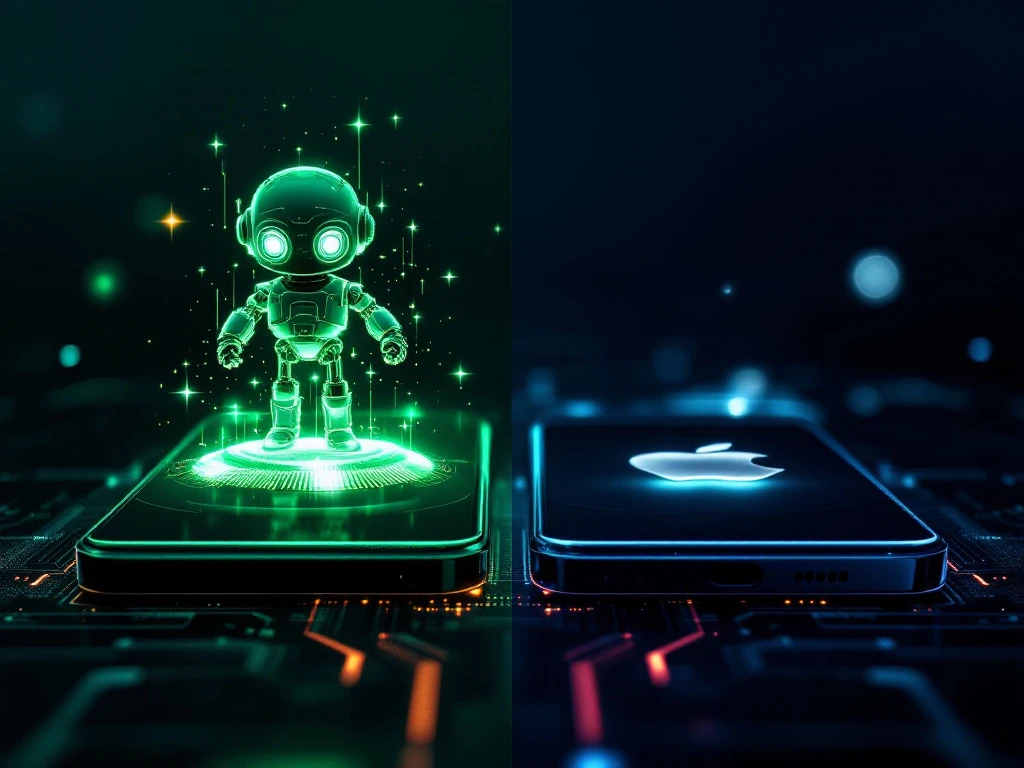 two smartphones side by side with android robot icon and apple logo above, featuring vibrant green and silver lighting effects.