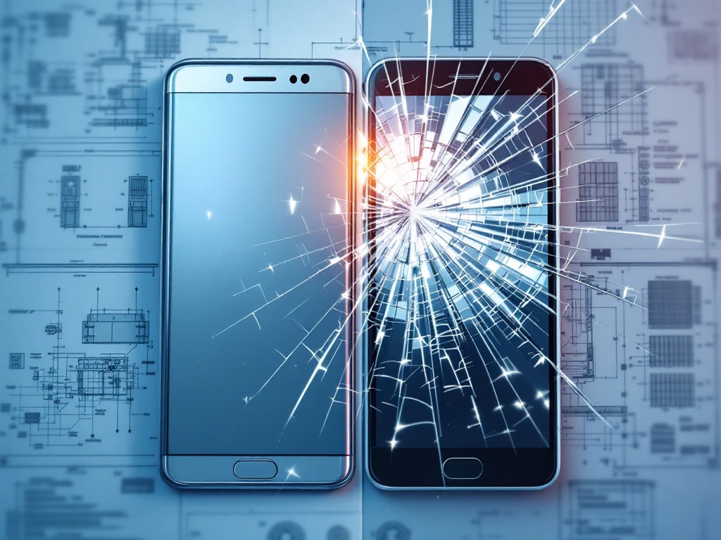 two smartphones side by side: one intact with reinforced edges, one with cracked shattered screen, on engineering blueprints background