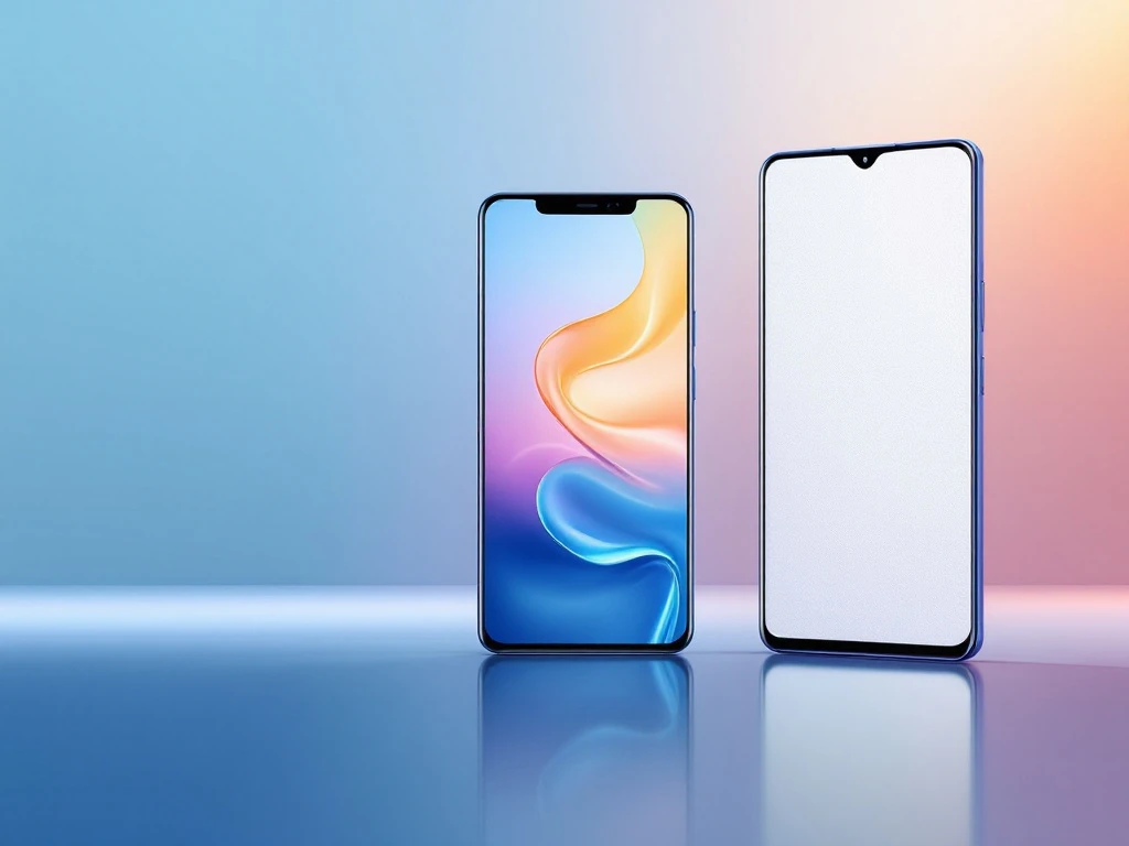 three smartphones displaying oled, lcd, and e-ink screen technologies side-by-side on blue-to-white gradient background