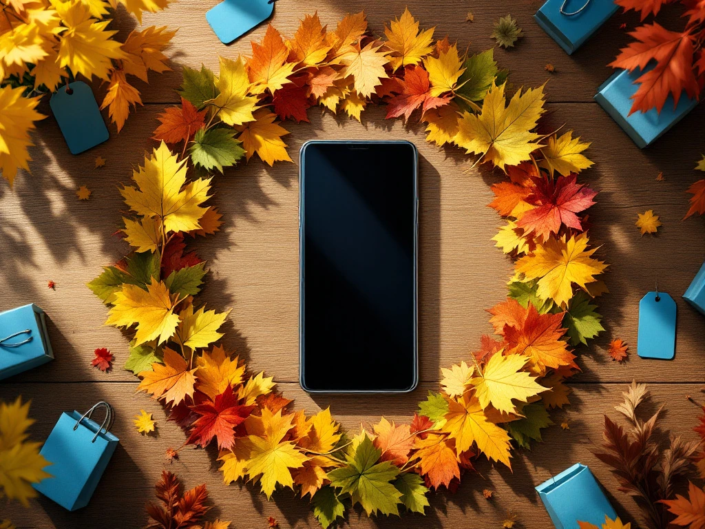 smartphone on wooden desk surrounded by circular calendar of autumn leaves in seasonal colors with samsung shopping bags