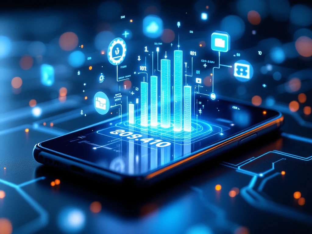 smartphone displaying software update progress screen with blue progress bars and holographic icons on dark surface