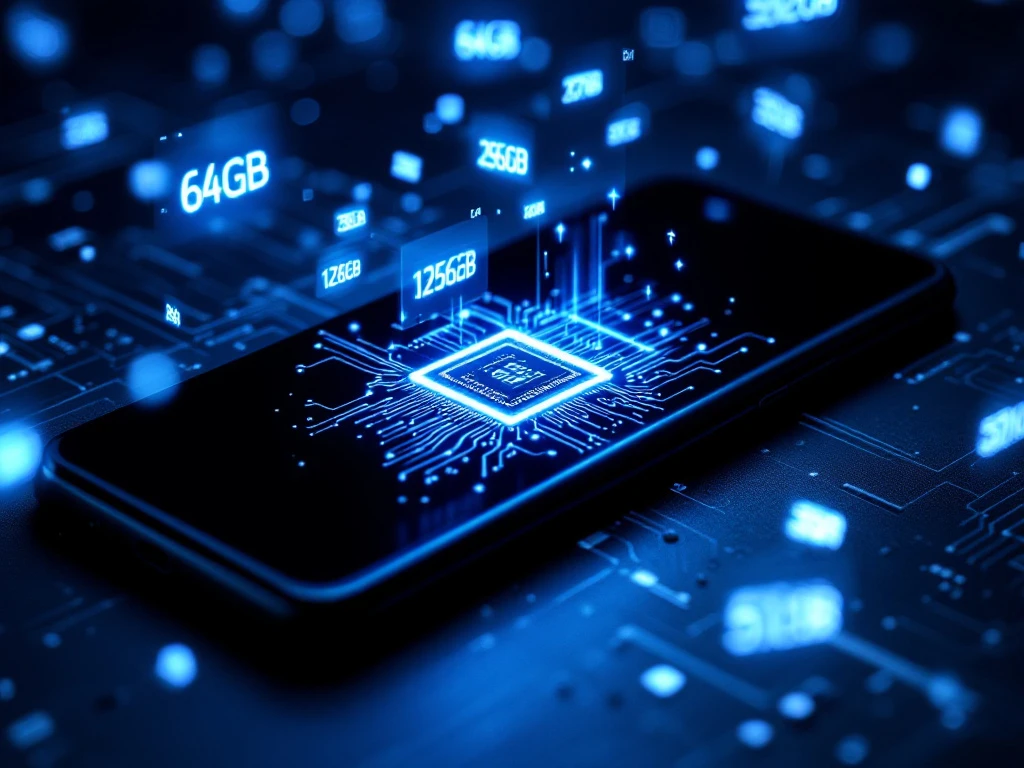 smartphone internal storage chip with glowing blue circuits and floating holographic capacity numbers on dark surface