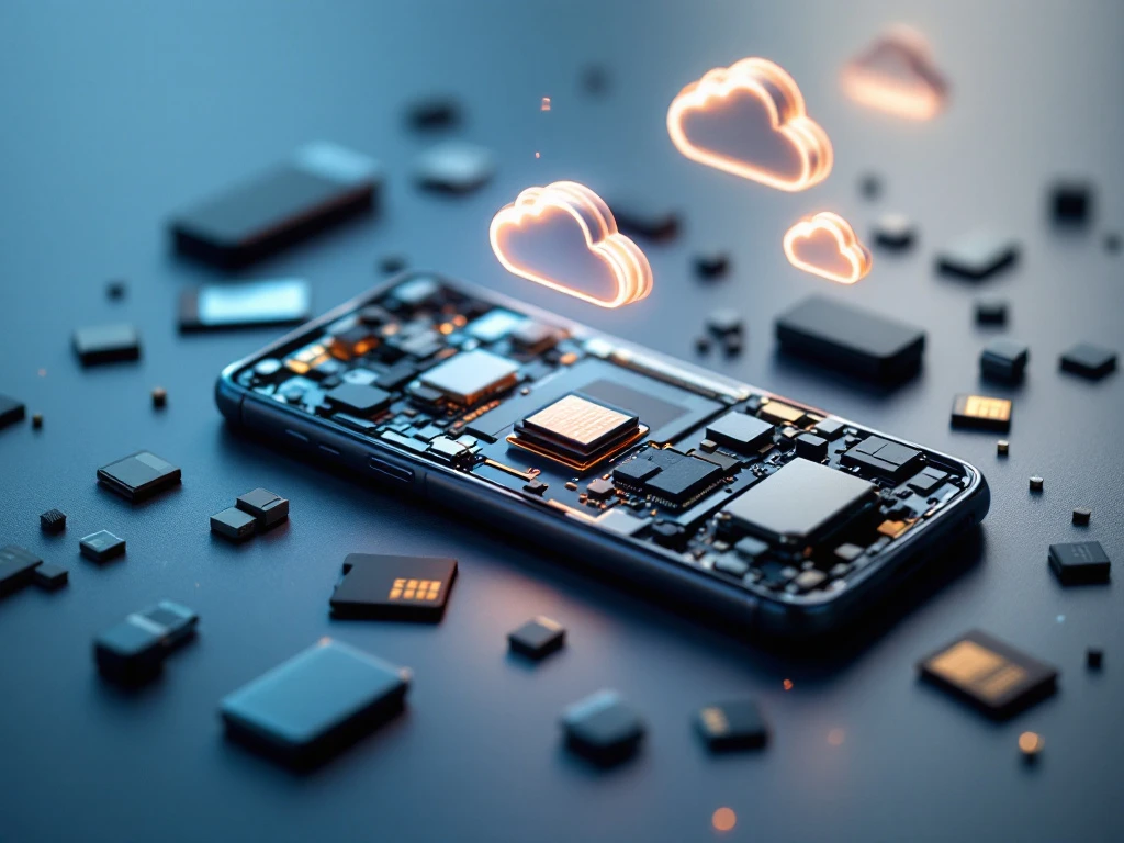 smartphone with back panel removed showing internal components and empty microsd slot, surrounded by storage cards and adapters.