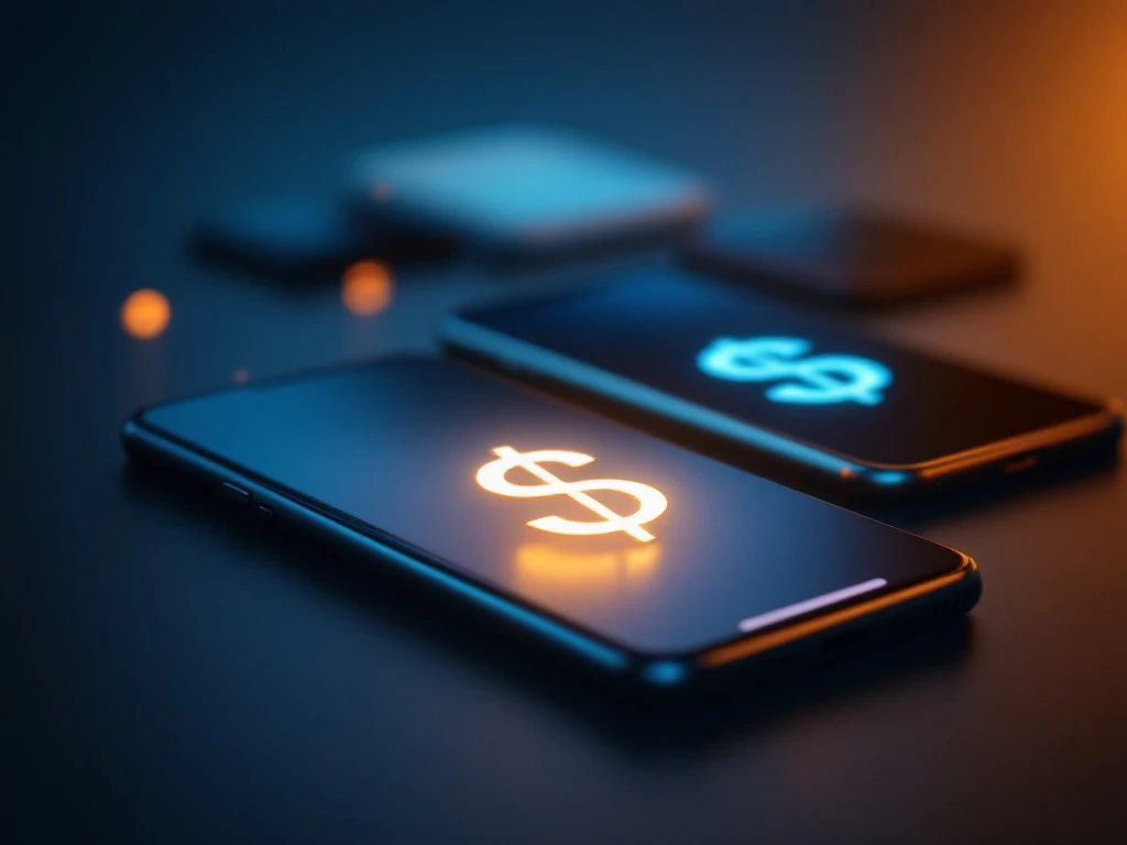 modern smartphone displaying dollar sign on screen surrounded by older phones on dark surface, illustrating trade-in value concept.