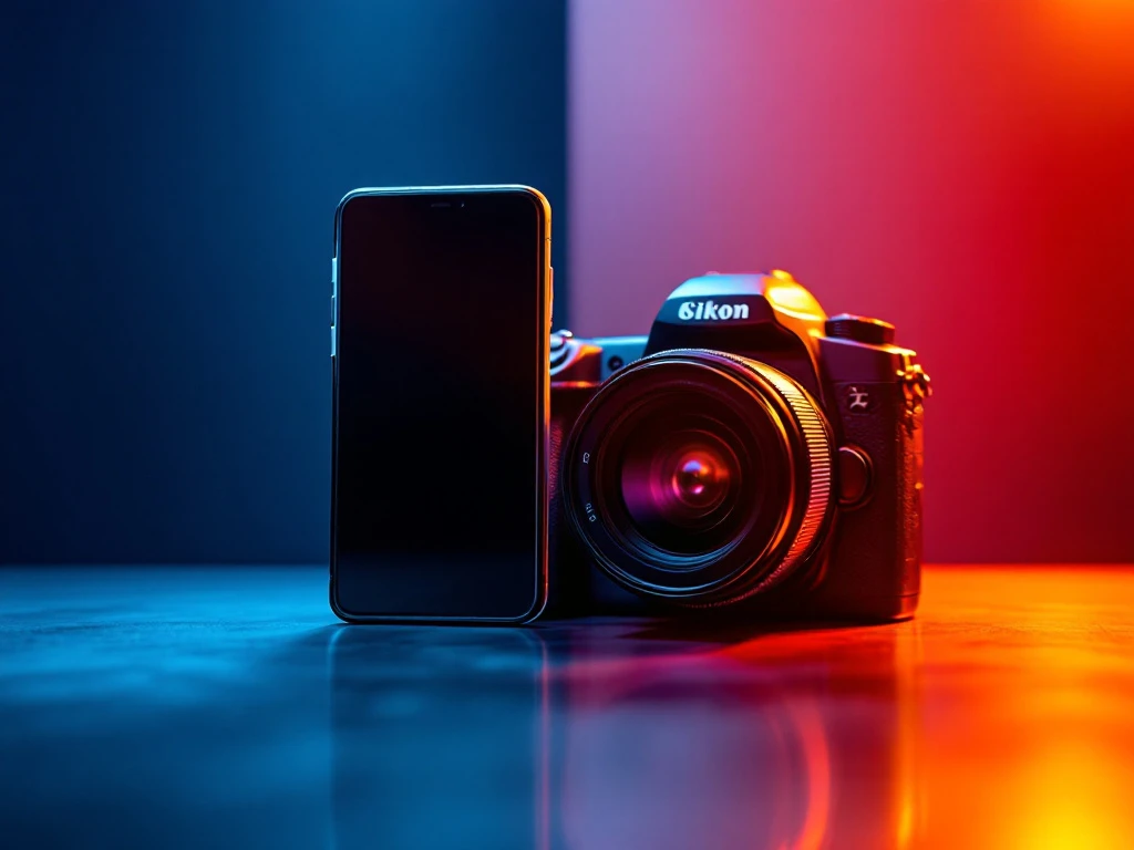 smartphone and dslr camera side-by-side on tech workspace with dramatic lighting and blue-silver gradient background