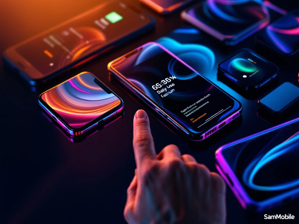 modern smartphones arranged in overlapping pattern with hand pointing to camera lenses, charging ports, and vibrant screens