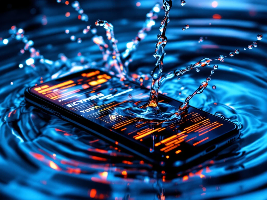 water-damaged black smartphone with glitched screen submerged in water with droplets and dramatic lighting effects