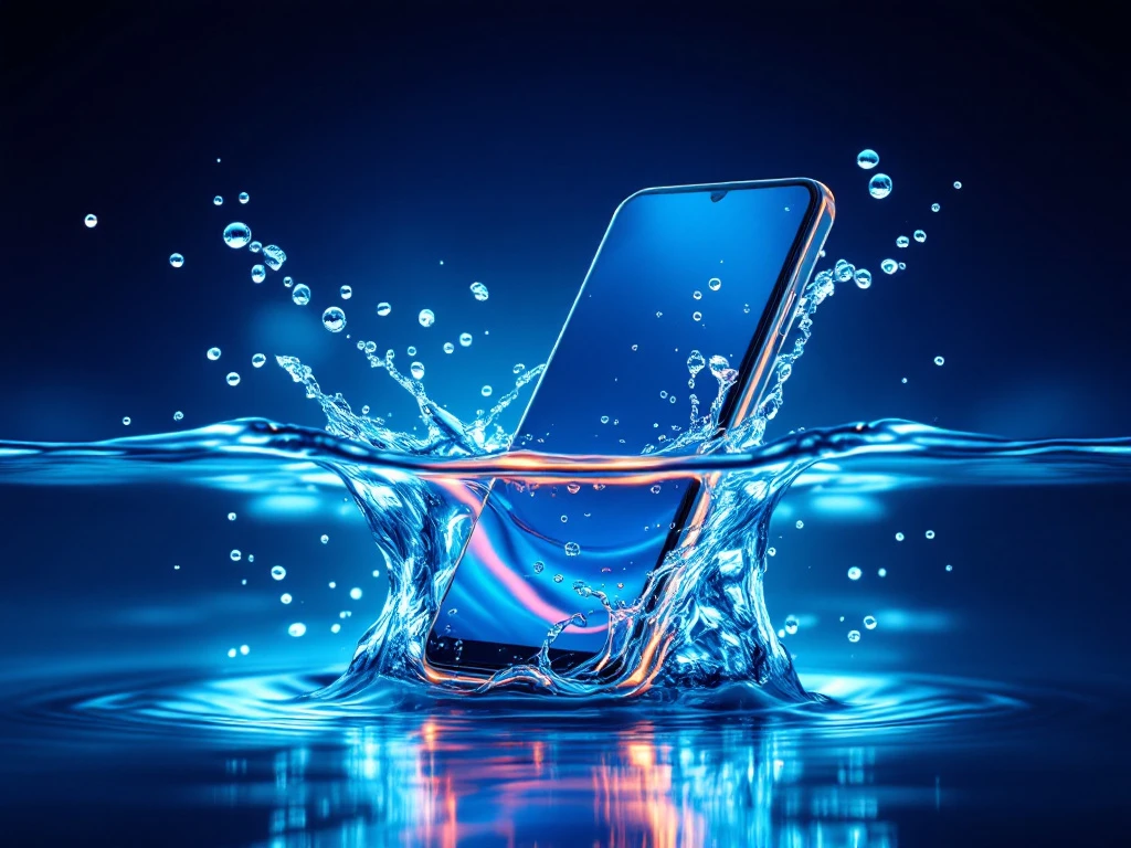 waterproof smartphone suspended in clear water with splash effects and bubbles, showcasing device durability features