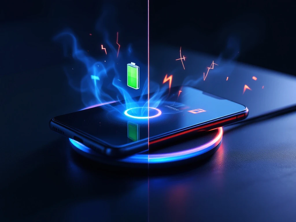smartphone on wireless charging pad with green battery icon on left, red warning sparks on right showing charging safety risks.