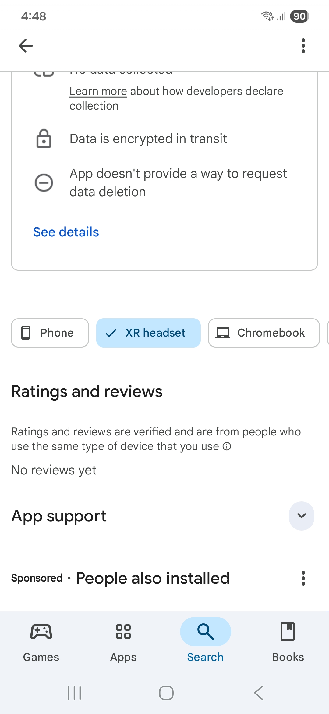 google play store app listing xr headset tab for samsung galaxy xr