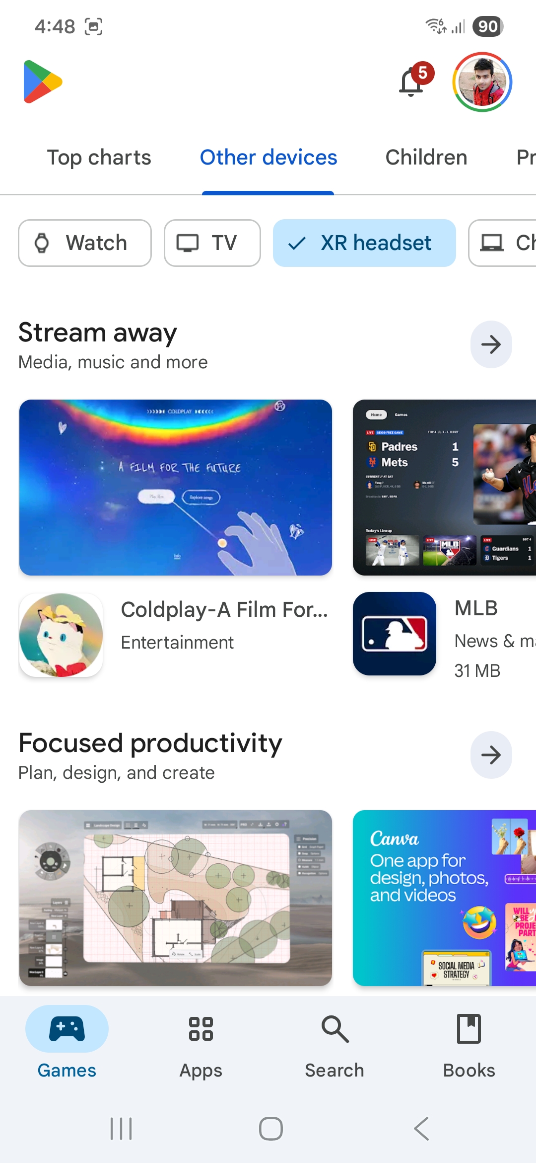google play store other devices section xr headset tab for samsung galaxy xr