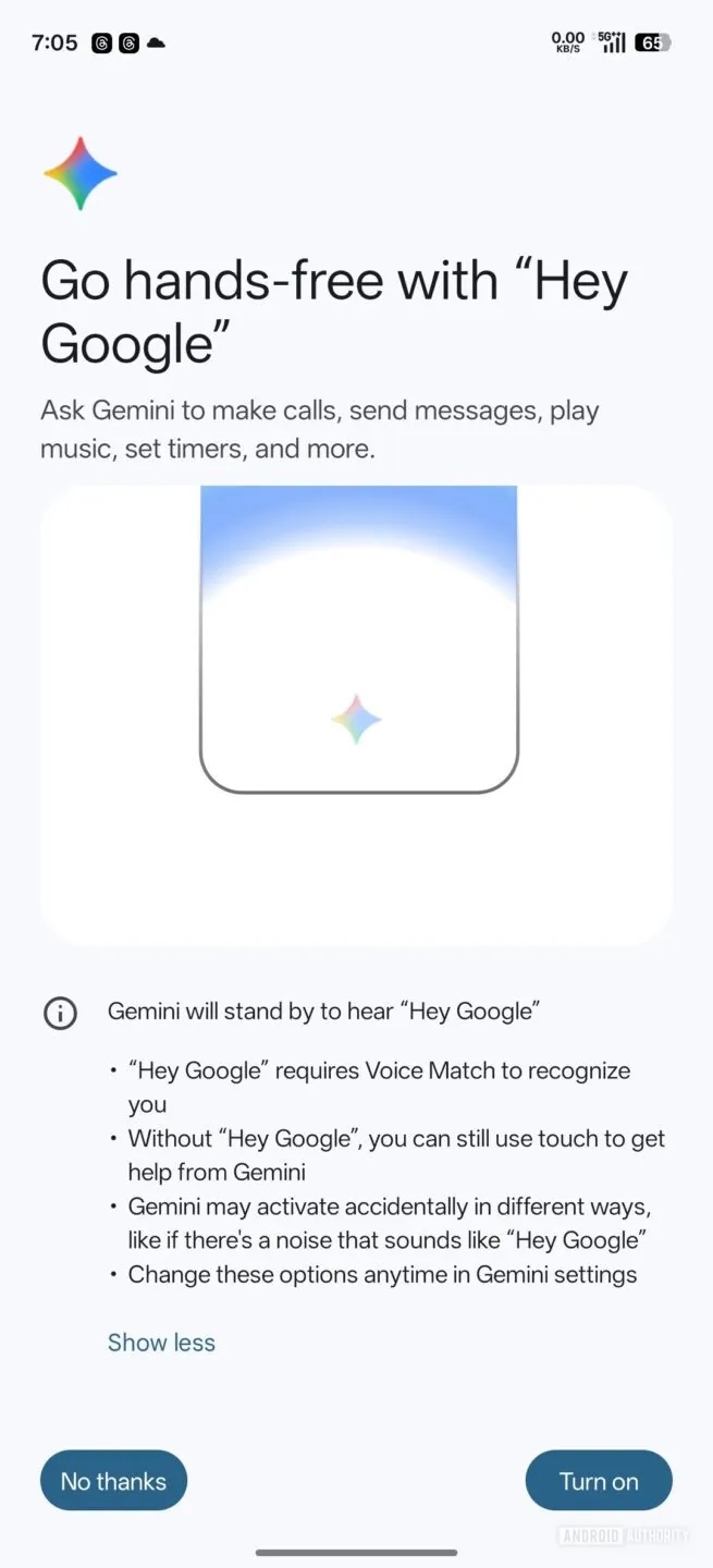 google voice match gemini settings hands free setup