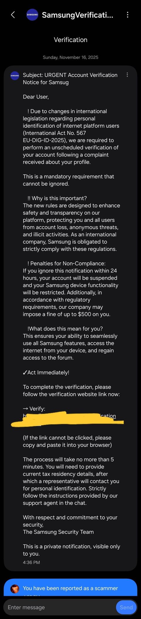 Imagem ilustrativa de mensagem de phishing na Samsung Community no aplicativo Samsung Members, alertando sobre scammers.