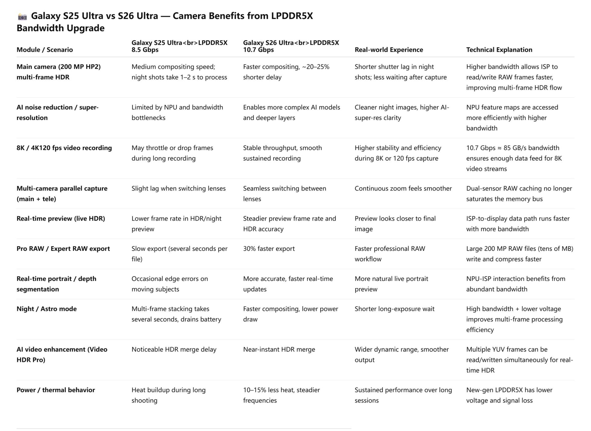 samsung galaxy s25 ultra versus galaxy s26 ultra higher memory bandwidth advantages for camera performance