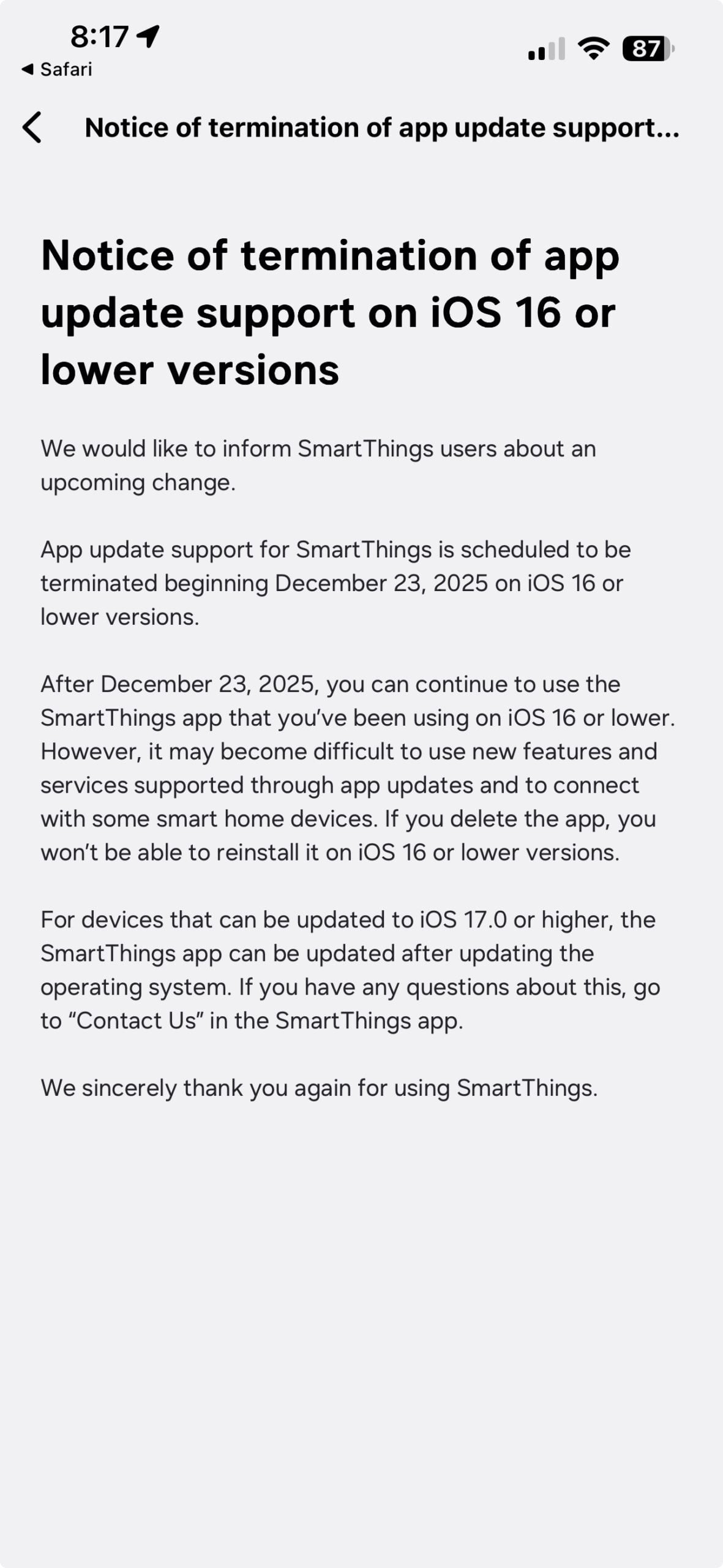samsung smartthings app ios iphone ending support ios 16 or older iphone x and iphone 8 or older