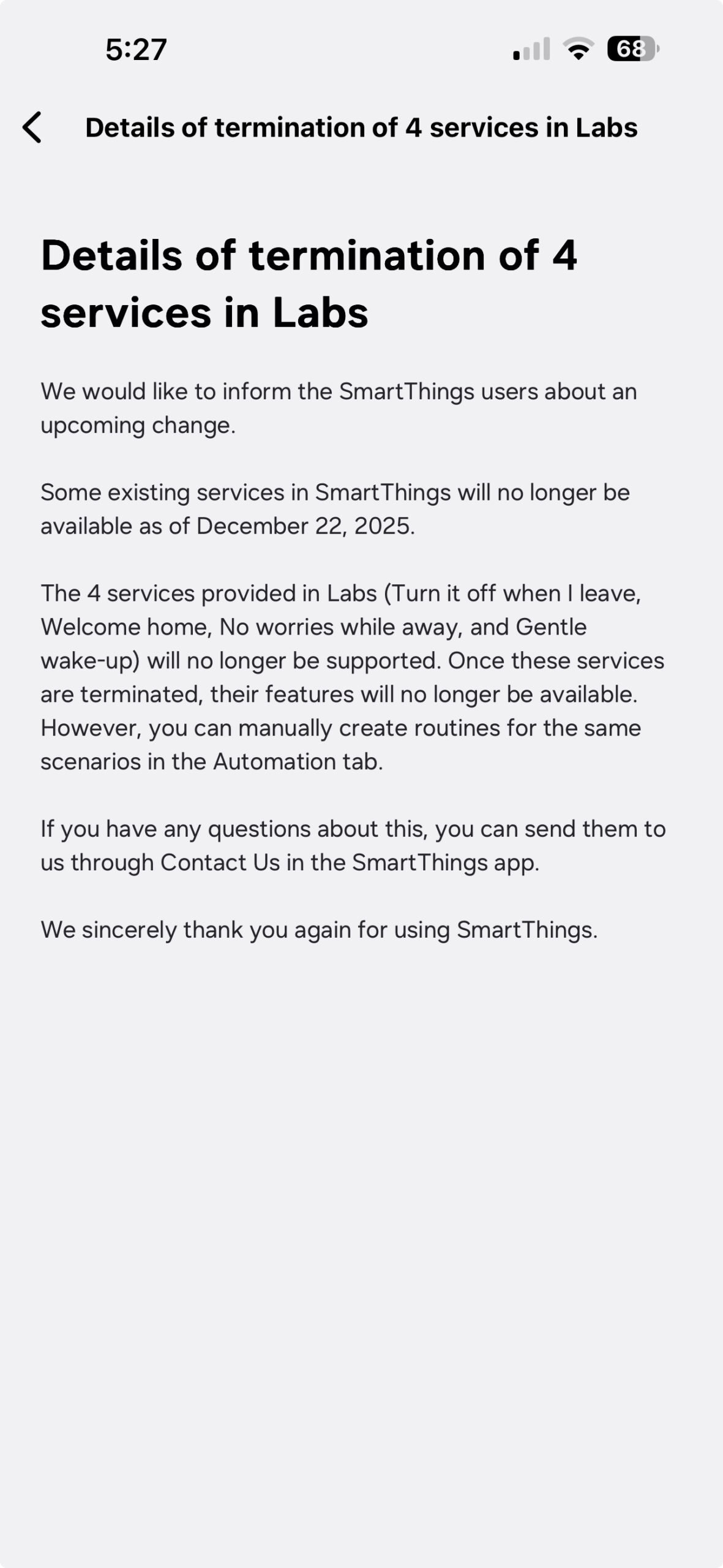 samsung smartthings ios iphone losing all four labs features