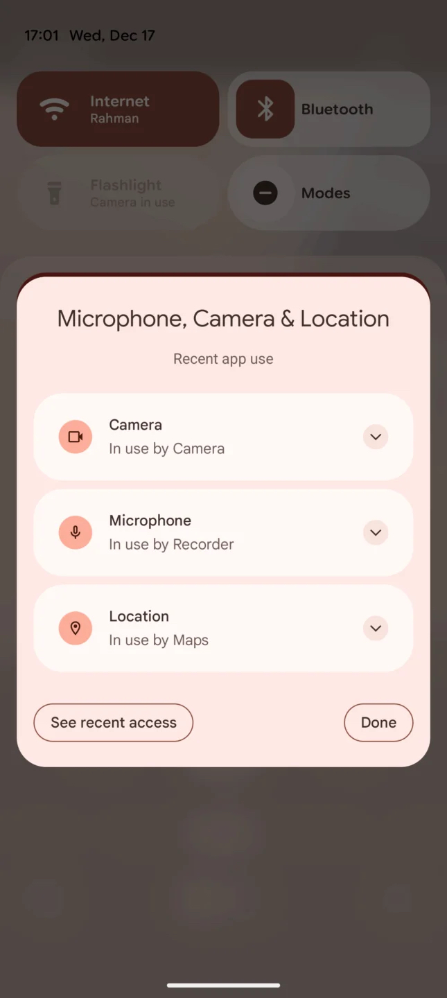 android 16 qpr3 location camera microphone location indicator expanded