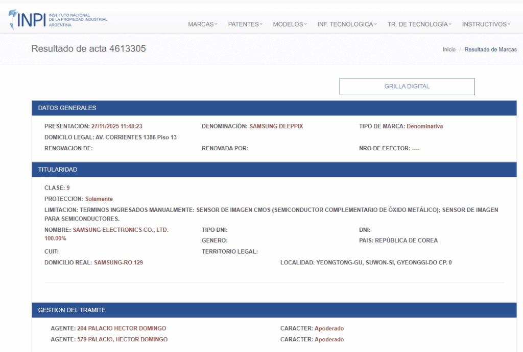 samsung deeppix camera sensor trademark application inpi