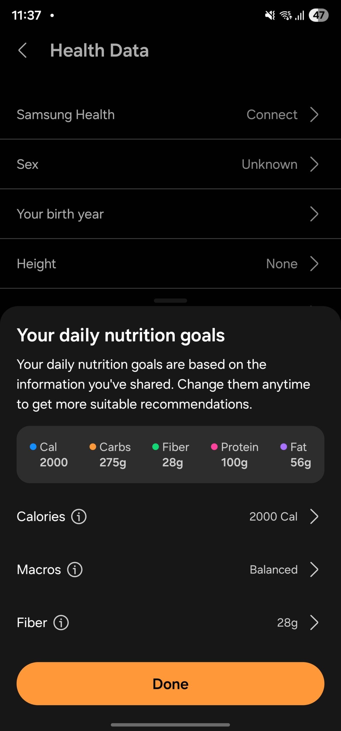 samsung food update daily nutrition goals