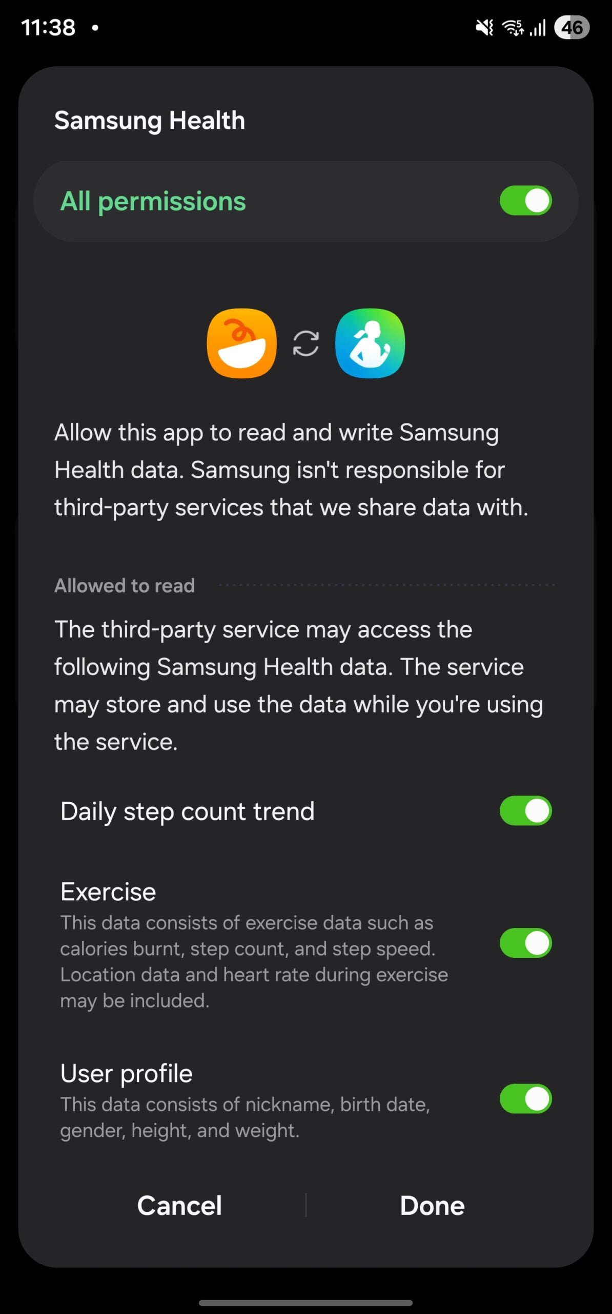 samsung food update samsung health integration permission consent