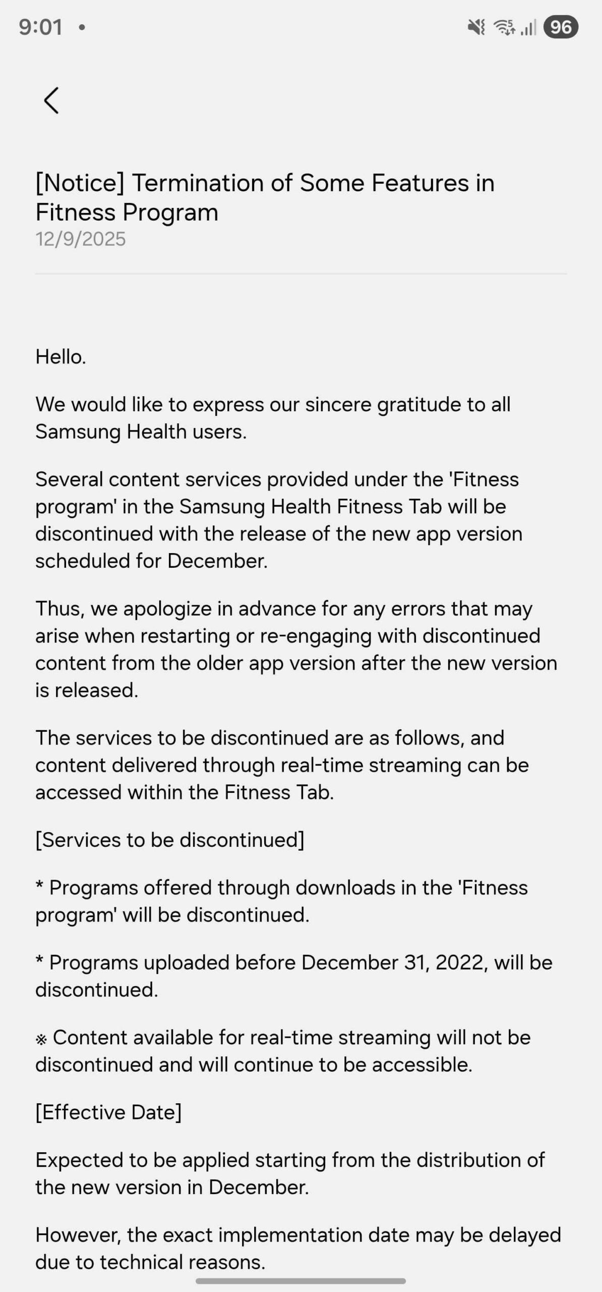 samsung galaxy s25 smartphone samsung health app notice december 2025 few content services from the fitness program tab going away (01)