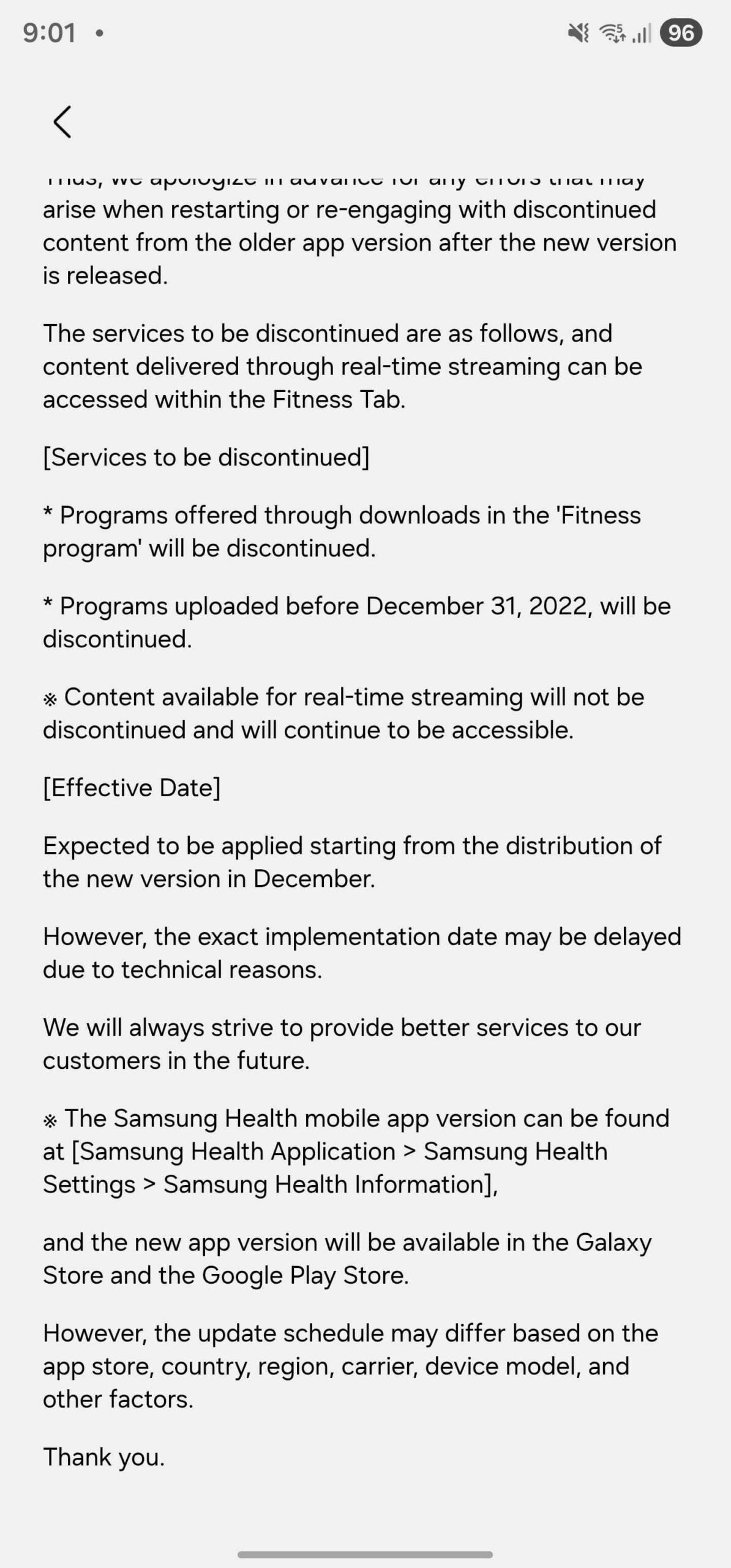 samsung galaxy s25 smartphone samsung health app notice december 2025 few content services from the fitness program tab going away (02)