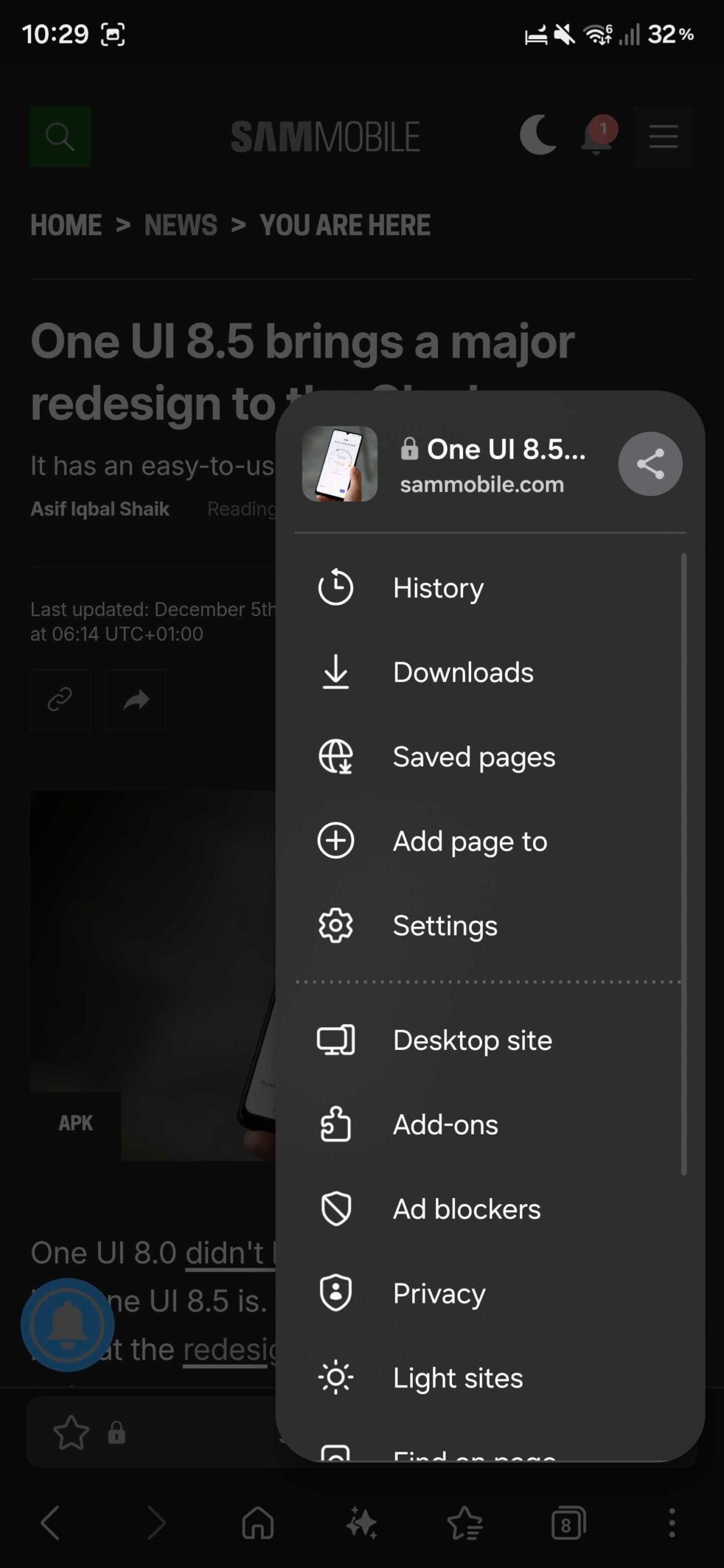 samsung internet one ui 8.5 menu dark mode