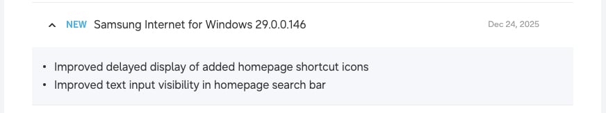 samsung internet windows update 29.0.0.146 changelog