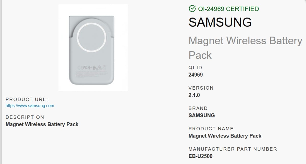 samsung magnet wireless battery pack eb-u2500 qi2 wpc certification