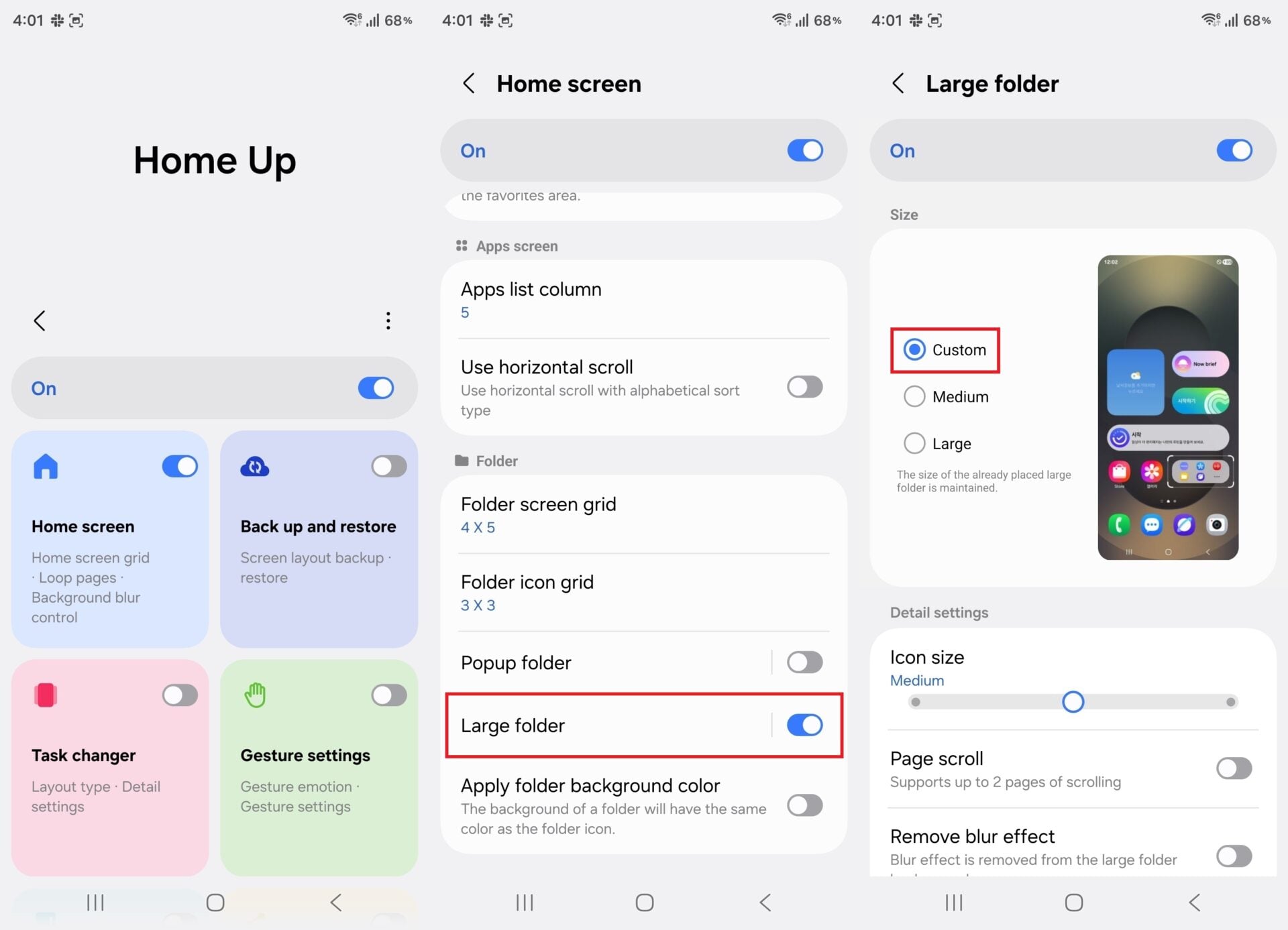samsung galaxy one ui 8.5 home up large folder customization screen